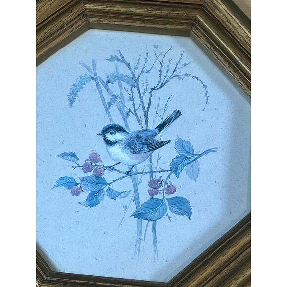 2‎ Vintage Octogon Chickadee Prints Forest Fruit & Flowers Framed - Picture 3 of 6